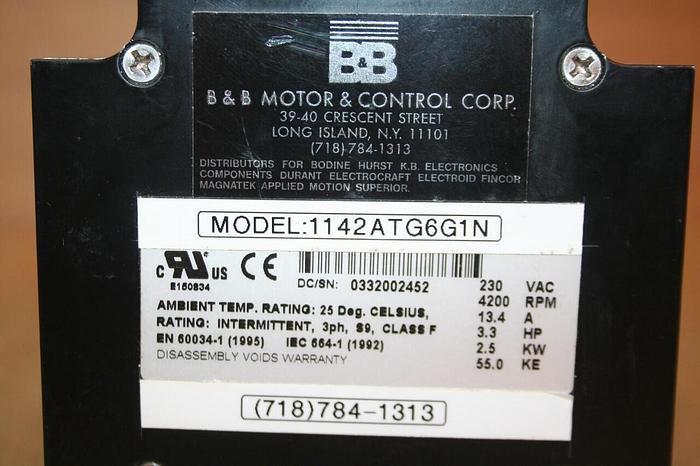 B&B MOTOR & CONTROL 3.3 HP Servo Motor 1142ATG6G1N Used