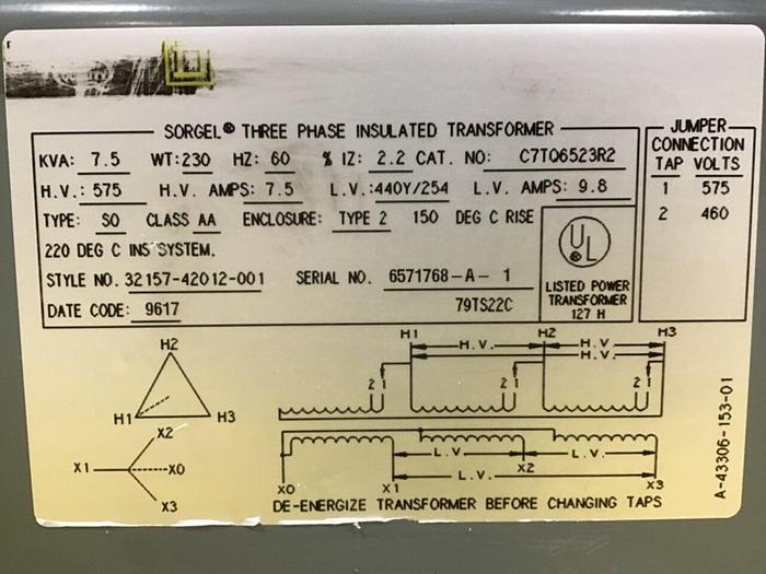 Used SQUARE D 7.5 kVA Insulated Transformer C7TQ6523R2 Used