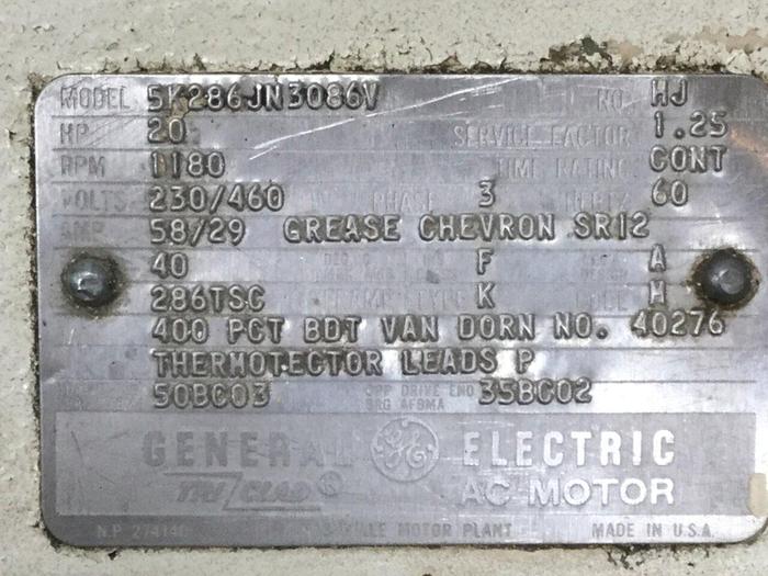 Used GENERAL ELECTRIC 20 HP Motor 5K286JN3086V Used
