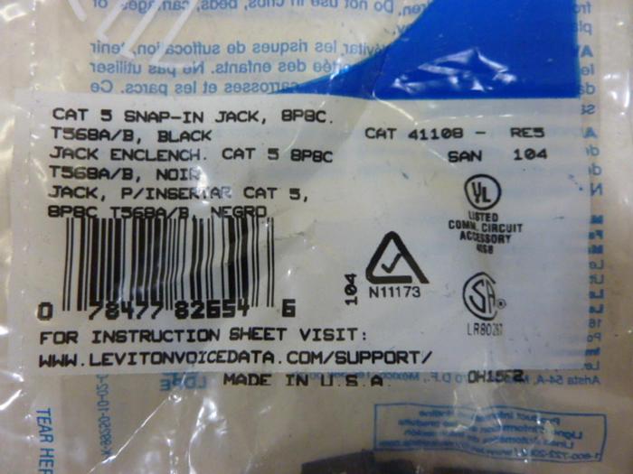 LEVITON Black Quickport Cat 5 Jack 41108-RE5 #58114