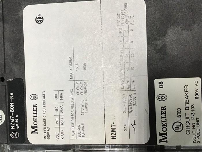Used MOELLER 80 Amp Circuit Breaker NZM7-80N-NA #136077