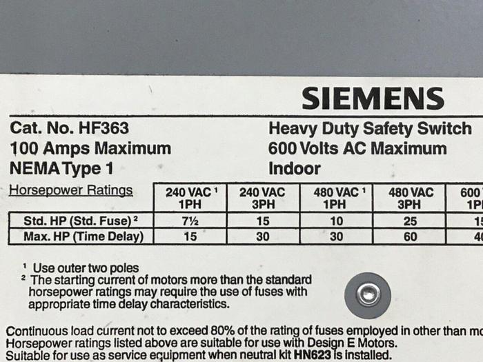 Used SIEMENS 100 Amp Safety Disconnect Switch HF363 #120531