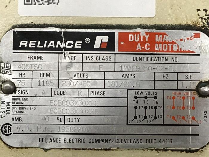 Used RELIANCE ELECTRIC Van Dorn 75 HP AC Motor 1MAF9350-G2-RJ Used