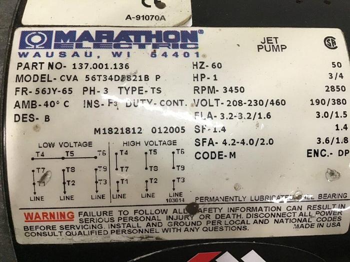 Used MARATHON ELECTRIC Jet Pump CVA 56T34D5821B P #138808