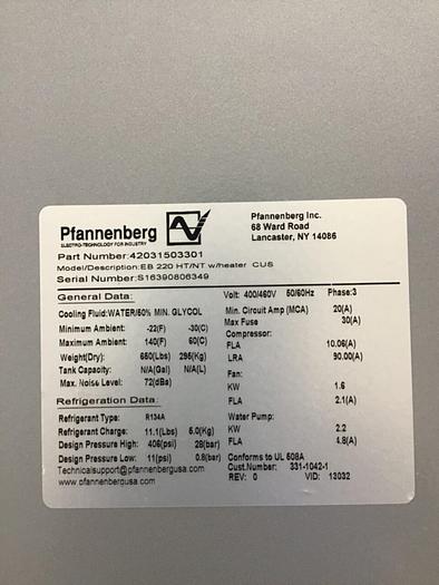 Used PFANNENBERG 7 Ton Air Cooled Chiller EB 220 HT/NT USED