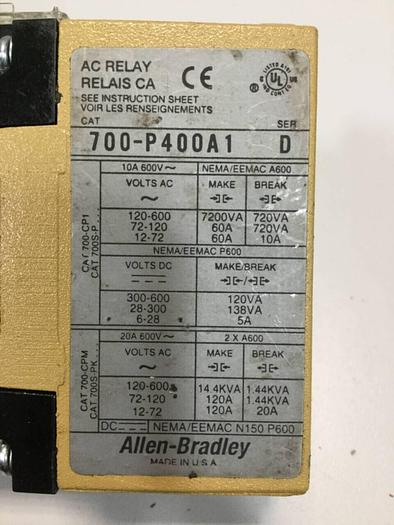 Used ALLEN BRADLEY AC Relay 700-P400A1 SER D #93027