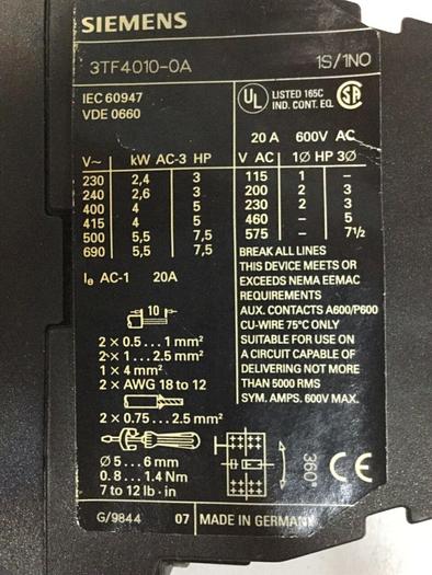 Used SIEMENS Contactor 3TF4010-0A #103541
