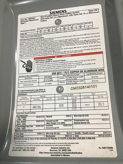 Used SIEMENS 30 Amp Safety Disconnect Switch HNF361 VBII #137849