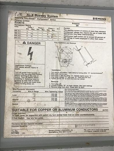 Used ITE SIEMENS 30 Amp Bus Disconnect Switch RV361G #137247