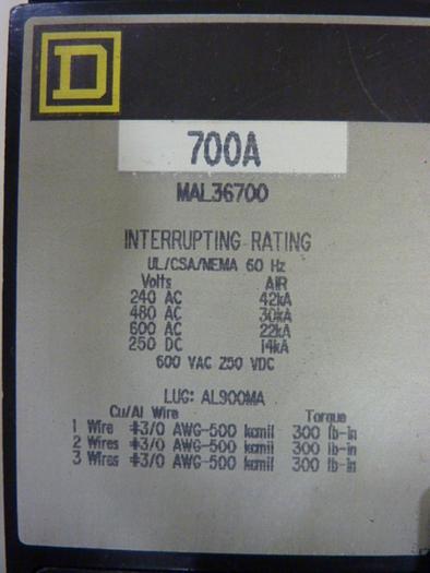 Used SQUARE D 700 Amp Circuit Breaker MAL36700 #70454