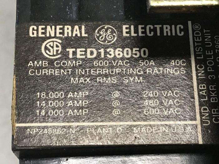 Used GE TED136050 Breaker & Disconnect 50 AMP USED #140705