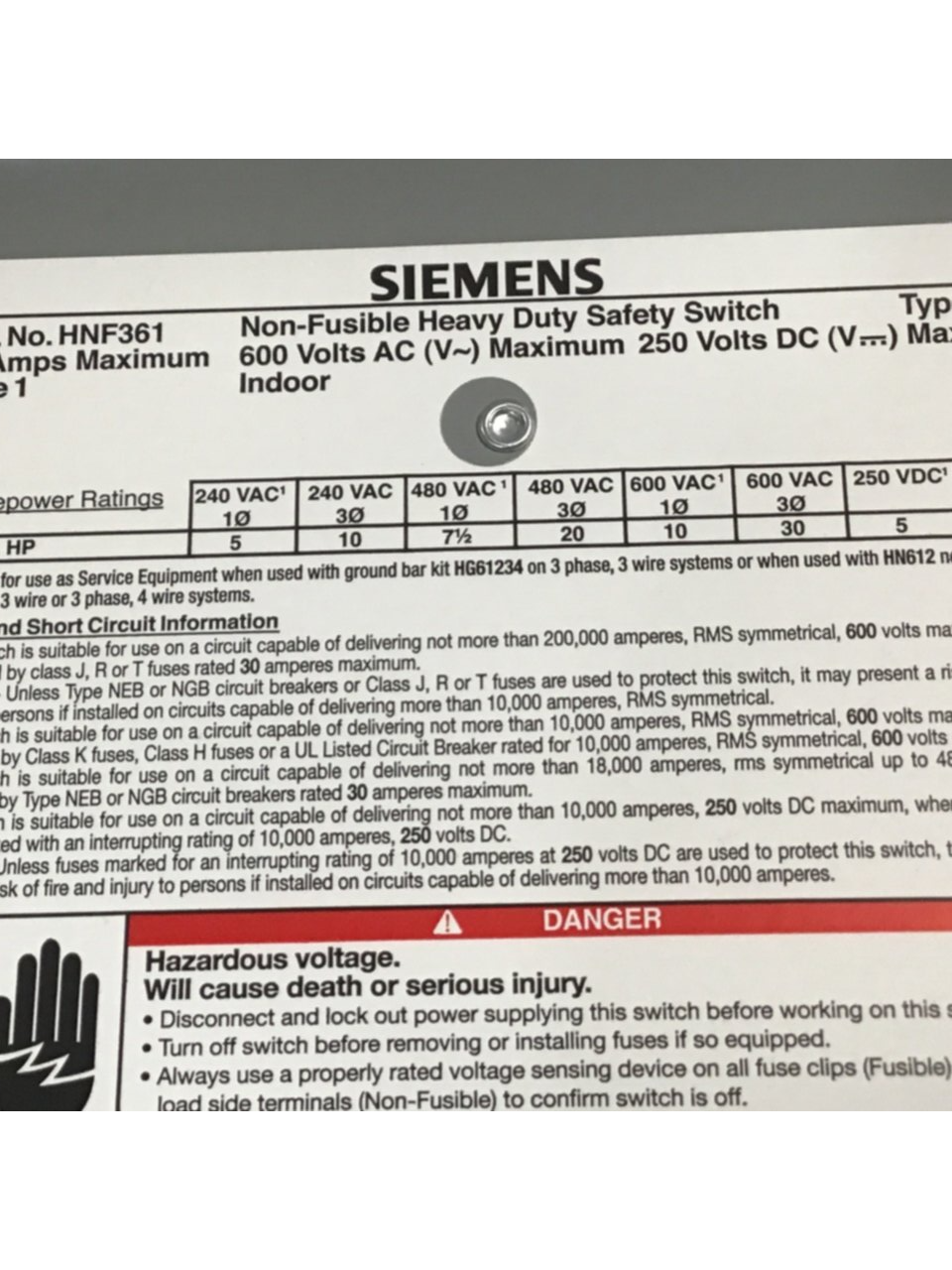 Used SIEMENS 30 Amp Safety Disconnect Switch HNF361 VBII USED