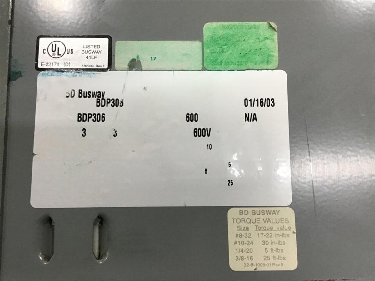Used SIEMENS 600 Amp BD Busway BDP306 #127255