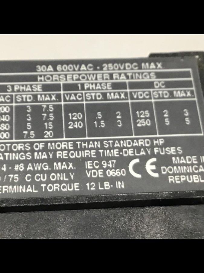 Used ALLEN BRADLEY 30 Amp Disconnect Switch 194R-NJ030P3 SER B USED