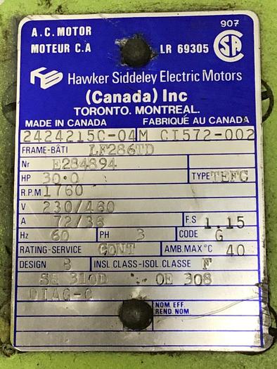 Used HAWKER SIDDELEY 30 HP AC Motor 2424215C-04 Used