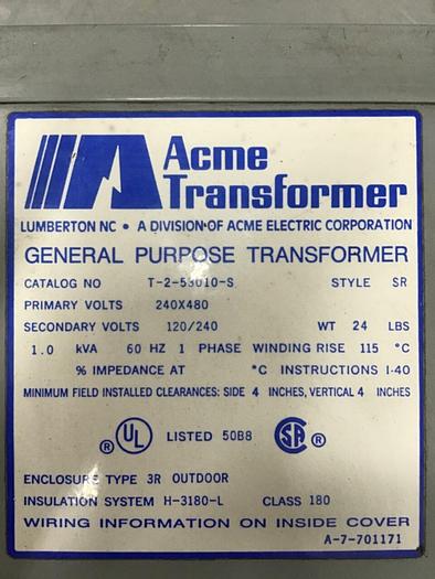 Used ACME TRANSFORMER 1 kVA Transformer T-2-53010-S #140732
