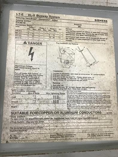 Used ITE SIEMENS 30 Amp Bus Disconnect Switch RV361G #137246