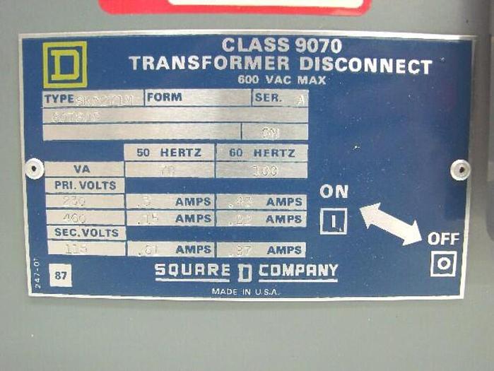 Used SQUARE D Transformer Disconnect 9070-SK5271M #8886