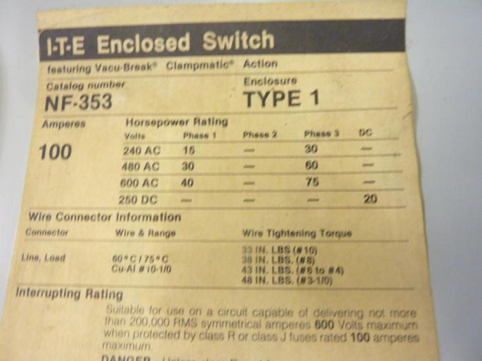 Used ITE SIEMENS 100 Amp Safety Disconnect Switch NF353 #43000