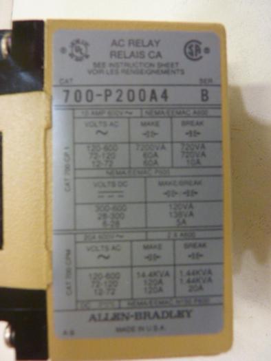 Used ALLEN BRADLEY Contactor 700-P200A4 SER B #59138
