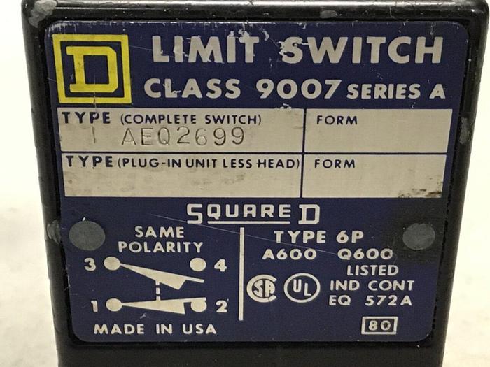 Used SQUARE D Limit Switch 9007-AEQ2699 Used