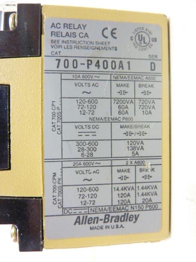 Used ALLEN BRADLEY AC Relay 700-P400A1 SER D #45860