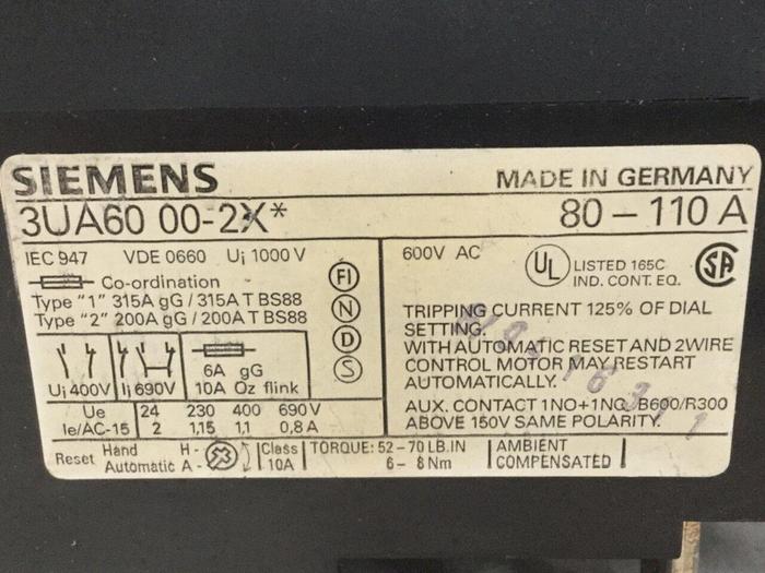 Used SIEMENS Overload Relay 3UA60 00-2X 80-110A #104637