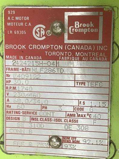 Used BROOK CROMPTON 30 HP Motor 2424215H-04M Used