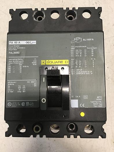Used SQUARE D 60 Amp Circuit Breaker FAL36060 / SWITCH #143729