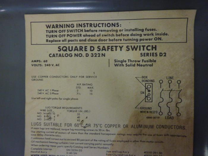 Used SQUARE D General Duty Safety Switch D322N #56032