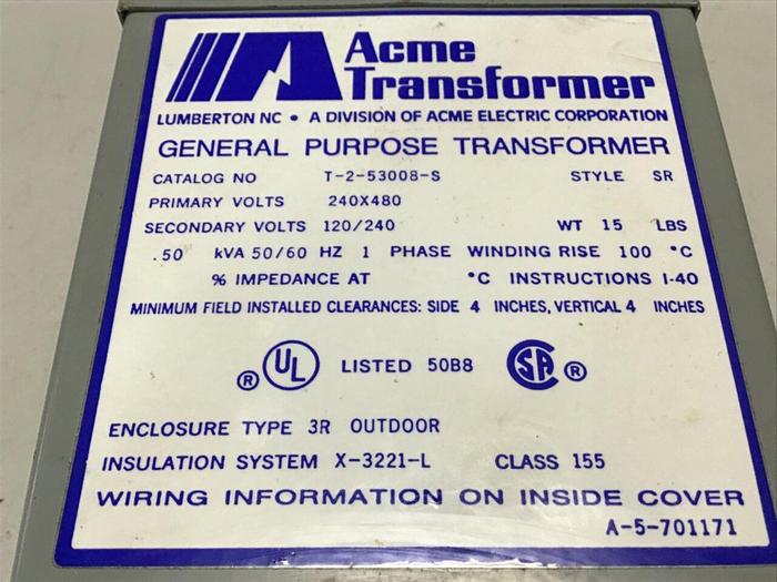 Used ACME TRANSFORMER 0.50 kVA Transformer T-2-53008-S #134070