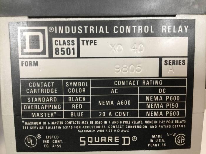 Used SQUARE D Relay 8501 X0 40 SER A #93033