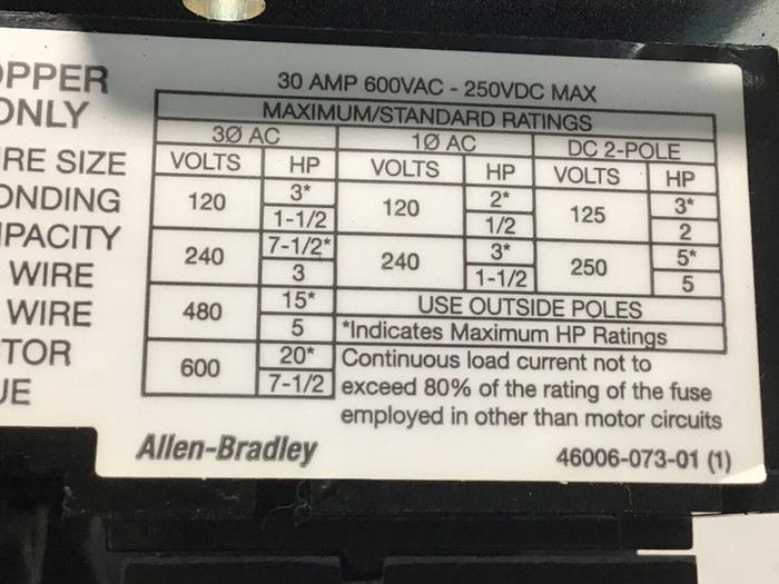 Used ALLEN BRADLEY Line Terminal Guard Disconnect 1494V-DS30 SER D #117214