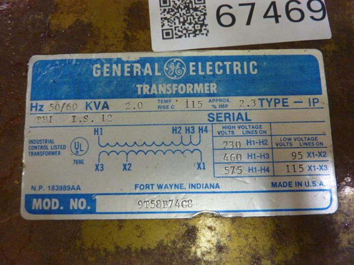 Used GENERAL ELECTRIC 2.0 kVA Transformer 9T58B74G8 #67506