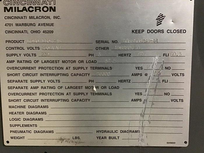Used MILACRON 110 Ton Injection Molding Machine ROBO 110R-48 USED