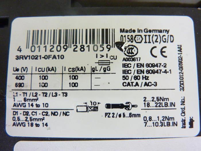 Used SIEMENS Motor Starter 3RV1021-0FA10 #45559