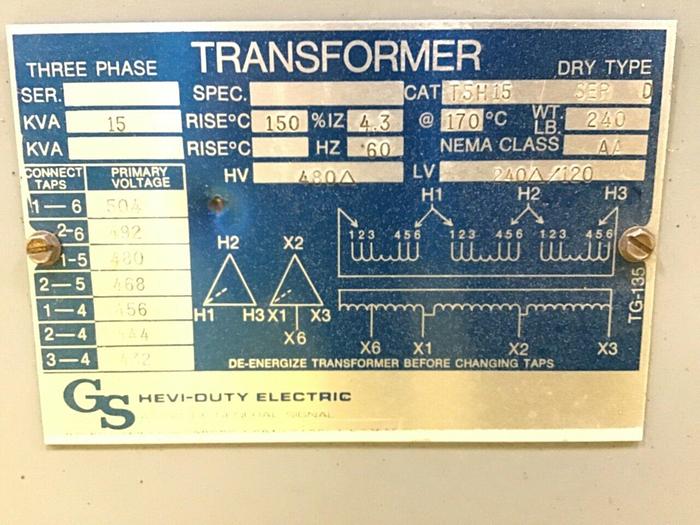 Used HEVI DUTY ELECTRIC 15 KVA Transformer T5H15 Used