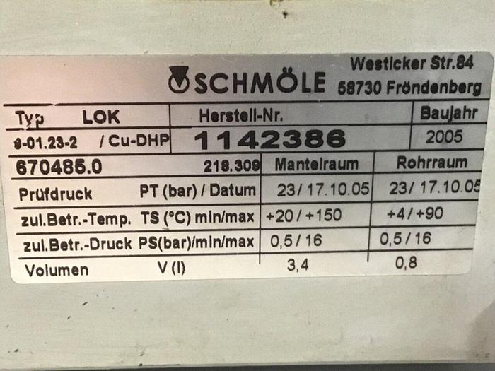 Used SCHMOLE Heat Exchanger 1142386 Used