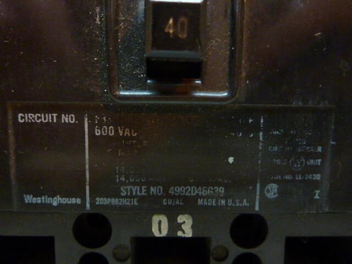 Used WESTINGHOUSE 40 Amp Circuit Breaker 4992D46G39 #29481