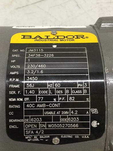 Used BALDOR 1 HP Motor w/ Pump JM3115 #110386