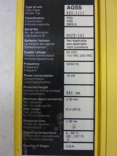 Used SICK OPTIC ELECTRONIC Light Curtain Sender AGSS 450-1111 #51340