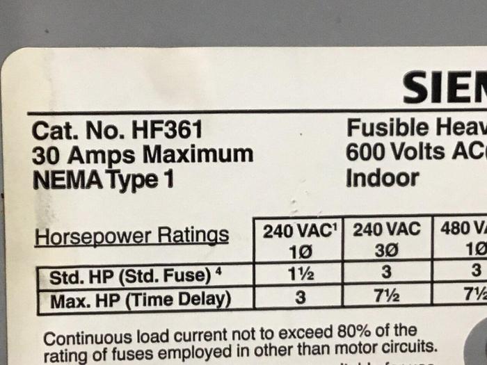 Used SIEMENS 30 Amp Disconnect Switch HF361 #120460