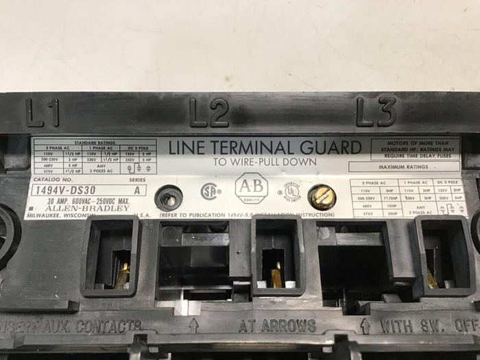 Used ALLEN BRADLEY 30 Amp Disconnect Switch 1494V-DS30 SER A #139705