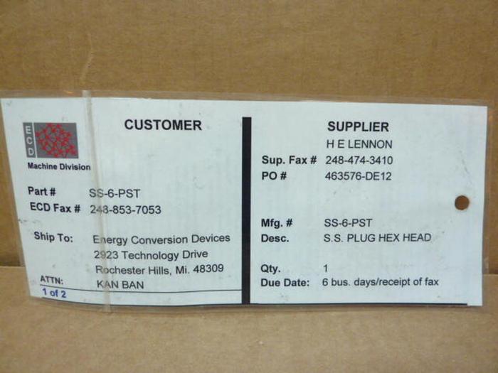 SWAGELOK Hex Head Plug SS-6-PST #39325