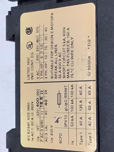 Used SIEMENS Power Contactor 3RT1035-1AK60 #123143