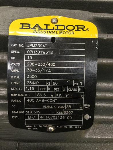 Used BALDOR 15 HP Industrial Motor JPM2394T Used