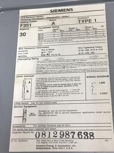 Used SIEMENS 30 Amp ITE Heavy Duty Vacu-Break F-351 #122031