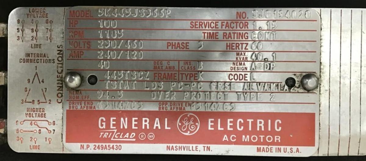 Used GENERAL ELECTRIC 100 HP AC Motor 5K445JS366P Used