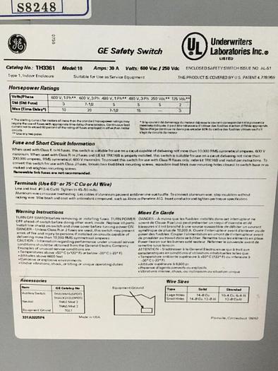 Used GENERAL ELECTRIC / GE 30 Amp Safety Switch TH3361 #107035