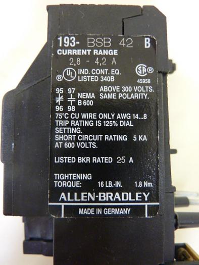 Used ALLEN BRADLEY Overload Relay 193-BSB 42 SER B #51213